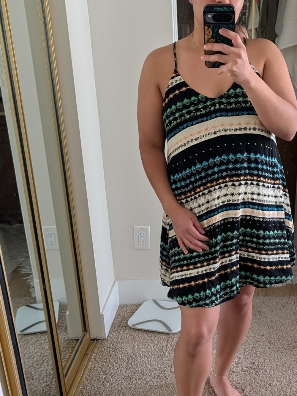 Lush Black Striped Tribal Mini Dress with Green & Cream Accents